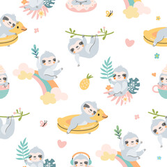 Poster - Lazy cartoon sloth seamless pattern. Sloths textile prints, sleeping exotic wild animal. Cute childish nowaday characters on rainbow and tree, vector background