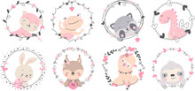Cartoon Animals In Love Frames With Hearts, Arrows And Plants. Valentines Day Decorative Elements. Cute Romantic Nowaday Vector Decorations