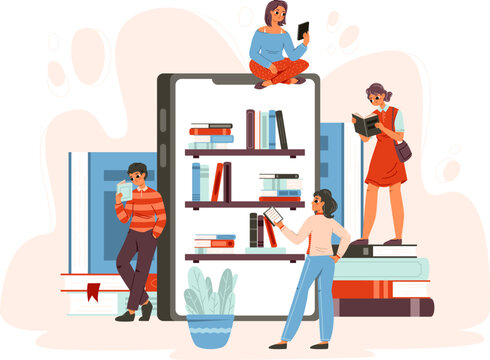 Digital library concept. University students online books reading. Language course, media reading files. Teens learning, read ebook snugly vector scene