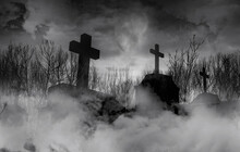 Halloween Day Concept. Cemetery Or Graveyard In The Night With Dark Sky. Haunted Cemetery. Spooky And Creepy Burial Ground. Horror Scene Of Graveyard. Funeral Concept. Halloween Day Background.