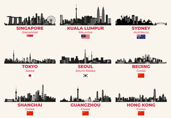 Fototapete - Asian cities skylines silhouettes vector set