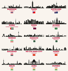 Fototapete - Asian and Middle East cities skylines silhouettes vector set