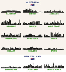 Fototapete - Australian and New Zealand cities skylines silhouettes vector set