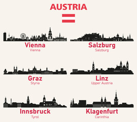 Fototapete - Austria cities skylines silhouettes vector set