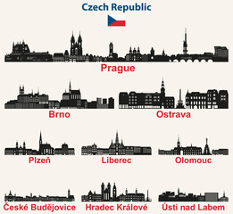 Fototapete - Czech Republic cities skylines silhouettes vector set