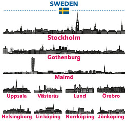 Fototapete - Sweden cities skylines silhouettes vector set