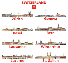 Fototapete - Switzerland cities skylines vector illustrations set