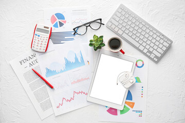 Poster - Business charts, gadgets and stationery on light background