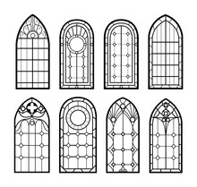 Stained Glass Arch Window Frames. Architecture Interior In Vintage Style, Graphic Silhouettes With Details. Black Isolated Elements. Gothic Church Traditional Decoration. Vector Pattern Tidy Images