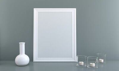 Wall Mural - 3D render of a white blank picture frame on a gray wall near candles and a vase