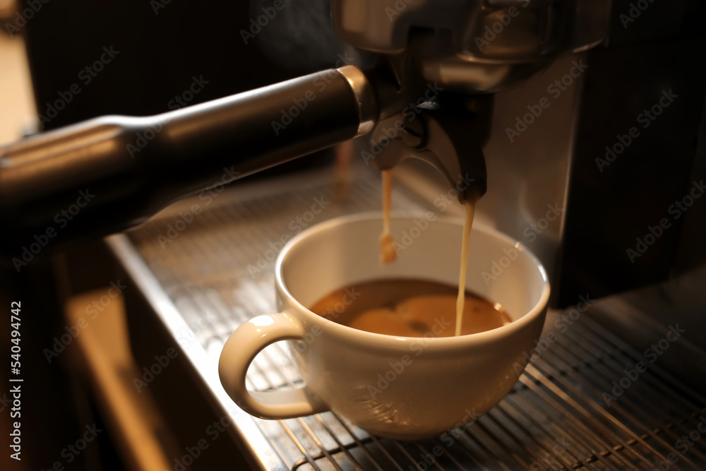 Coffee machine preparing hot espresso in cafe