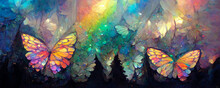 Large Stunningly Beautiful Fairy Wings Fantasy Abstract Paint Colorful Butterfly Sits On Garden.The Insect Casts A Shadow On Nature.The Insect Has Many Geometric Angles.3d Render