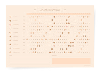 Wall Mural - One page 2023 year moon calendar in retro vintage style. Minimal gold lunar calendar 2023 print poster.