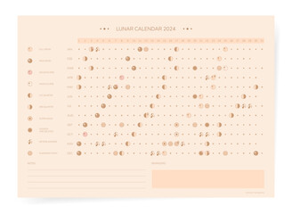 Wall Mural - One page 2024 year moon calendar in retro vintage style. Minimal gold lunar calendar 2024 print poster.