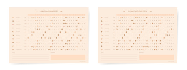 Wall Mural - One page 2023 2024 year moon calendar and celestial events. Modern minimal lunar calendar 2023 print poster set for astronomy science and astrology practice. 