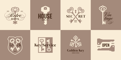 Wall Mural - Vintage key label. Real estate logos, medieval keys emblem. Luxury premium house symbols. Private and secret, property tidy vector graphic