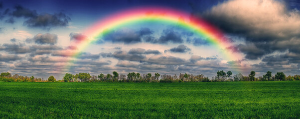 Wall Mural - Scenic view of rainbow over green field. dramatic gray sky over a picturesque hilly field