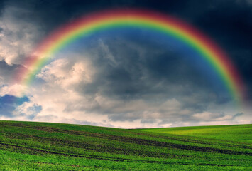 Wall Mural - Scenic view of rainbow over green field. dramatic gray sky over a picturesque hilly field