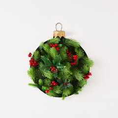 christmas bauble paper silhouette with fir branches and holiday decoration on white background. flat
