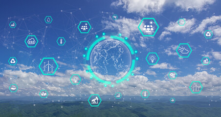 Environmental technology concept. Sustainable development goals. SDGs. Natural power.Mountain view and icon concept of renewable energy to preserve the world's environment for to future