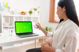 Fototapeta Panele - pregnant woman having online consultation with doctor on laptop at home. mockup green screen.