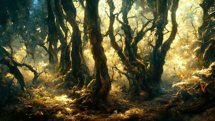 Wall Mural - Dark scary forest cursed by witch spell spectacular 3D illustration for ghost and halloween black magic scene