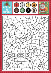 Wall Mural - Vector Christmas color by number activity with cute kawaii Santa Claus with sack. Winter holiday scene. Black and white counting game with Saint Nicolaus, bag, presents. New Year coloring page for kid