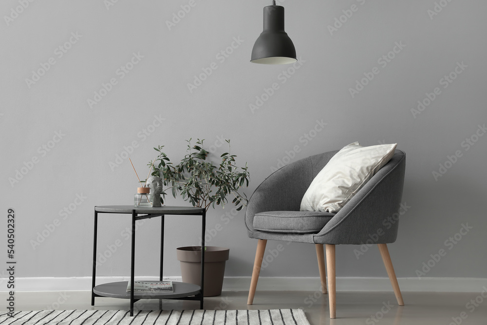 Interior of modern living room with armchair and table