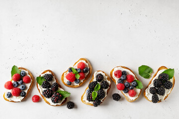 Wall Mural - Berries toast breakfast, healthy food on white background