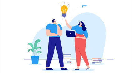 Poster - idea people with light bulb - two cartoon vector characters coming up with ideas and being creative 