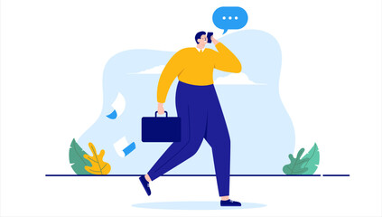 Poster - man walking with phone talking - person having a mobile phone conversation while taking a walk with 