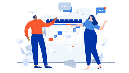 Poster - Work calendar - Two people, man and woman in casual clothes planning work week and month. Project management concept. Flat design cartoon vector illustration with white background