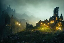 A Haunted Gothic Castle Along A Cliffside. Fantasy Scenery. Concept Art