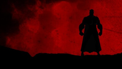 Wall Mural - superhero standing in grunge rain red background 4k loop features the silhouette of a superhero on a