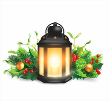 Ancient Lantern With Christmas Floral Decoration Isolated On White. Vector Illustration.
