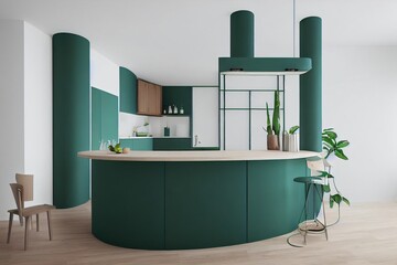 Sticker - Corner of luxury kitchen with green walls, wooden floor, stone island with built in sink and cooker, white cupboards and bar with beige stools. 3d rendering