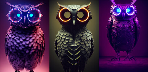 Wall Mural -  Cyberpunk drone owl, neon lights, neon, two owls in the night, collection