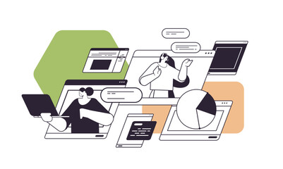 Poster - businesswomen answering messages and calls analyzing statistics diagram technical support concept