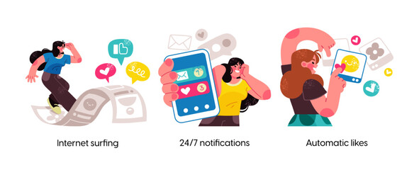 Poster - modern social media problems, peculiarities and differences. concept business illustrations. interne