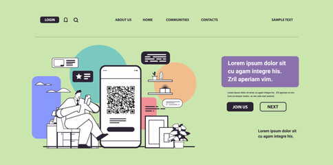 Poster - businessman scanning QR code on smartphone screen readable barcode verification