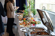 © ctrl+s photo - Banquet table with snacks, food on plates, festive table, corporate food