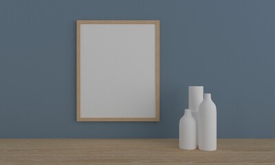 Sticker - 3D rendering of a mockup frame and vases near a blue wall