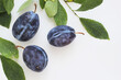 Plums with leaves on a white background. Top view.
