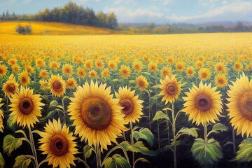 Wall Mural - Oil painting with sunflower field. Wall Art.