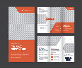 Corporate trifold brochure template. Modern, Creative, and Professional tri-fold brochure vector design. Simple and minimalist layout with blue and orange colors. Corporate Business Trifold Brochure.