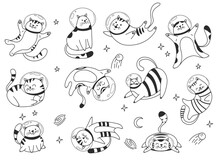 Space Astronaut Space Cute Cat Pet Line Art Isolated Concept Set. Vector Graphic Design Element Illustration