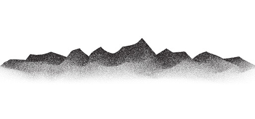 Poster - Grain stippled mountains. Dotted landscape and terrain. Black and white grainy hills in dotwork style. Noise stochastic background. Pointillism textured wallpaper. Grunge vector