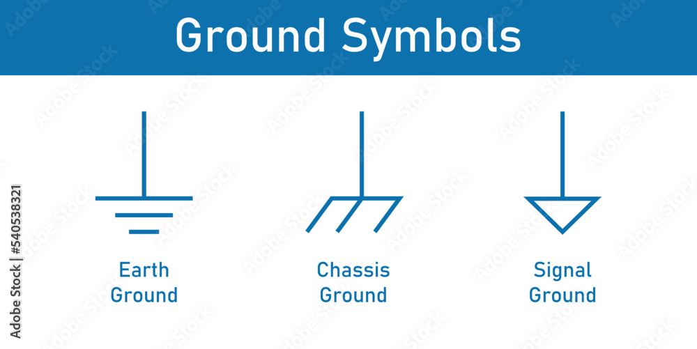 Three different grounds symbols. Electrical symbols. Protective earth ground symbol. Earth ground, chassis ground, signal ground. Scientific vector illustration isolated on white background.
