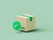Simple cartoon delivery box with green check mark 3d render illustration.