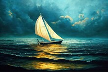 Sailboat Boat At Sunset On The Ocean, Oil Paint